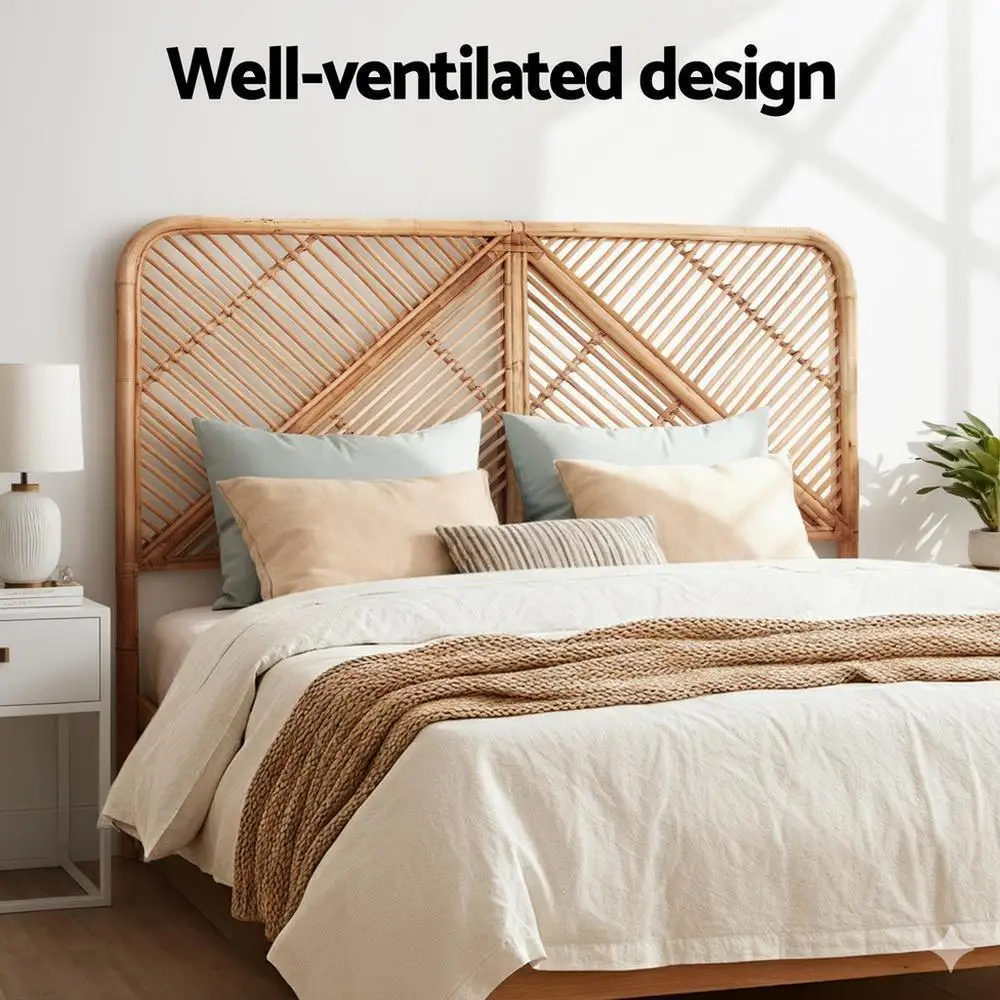Double Bed Rattan Headboard Pine Wood Bed Frame Headboard Natural Woven Bedroom Decor