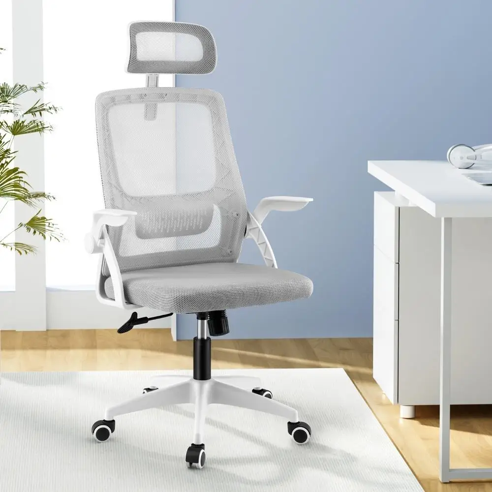 Ergonomic Grey Office Chair Adjustable Headrest Lumbar Support Mesh Computer Desk Chair for Home and Office