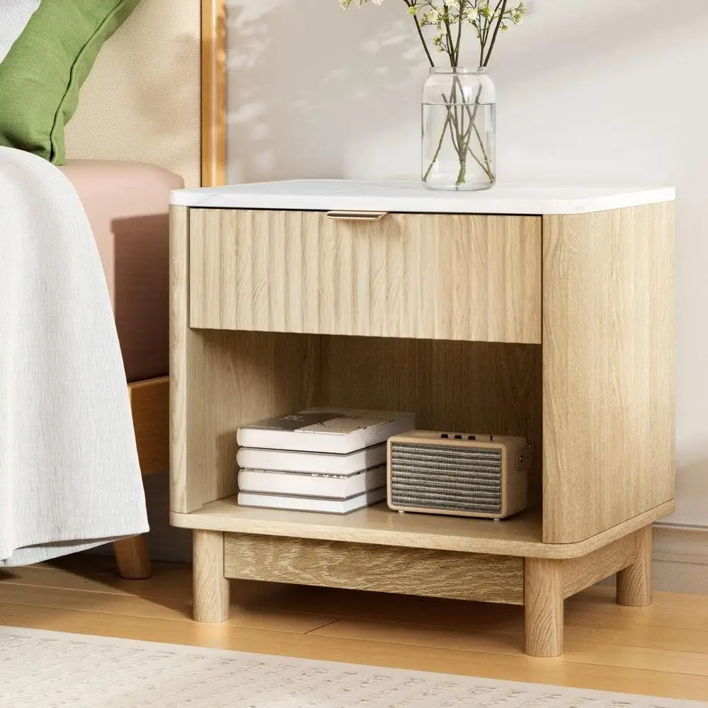 Modern Pine Wood Nightstand 1 Drawer 2 Shelf Bedside Table Storage Cabinet Bedroom Furniture Compact Side Table