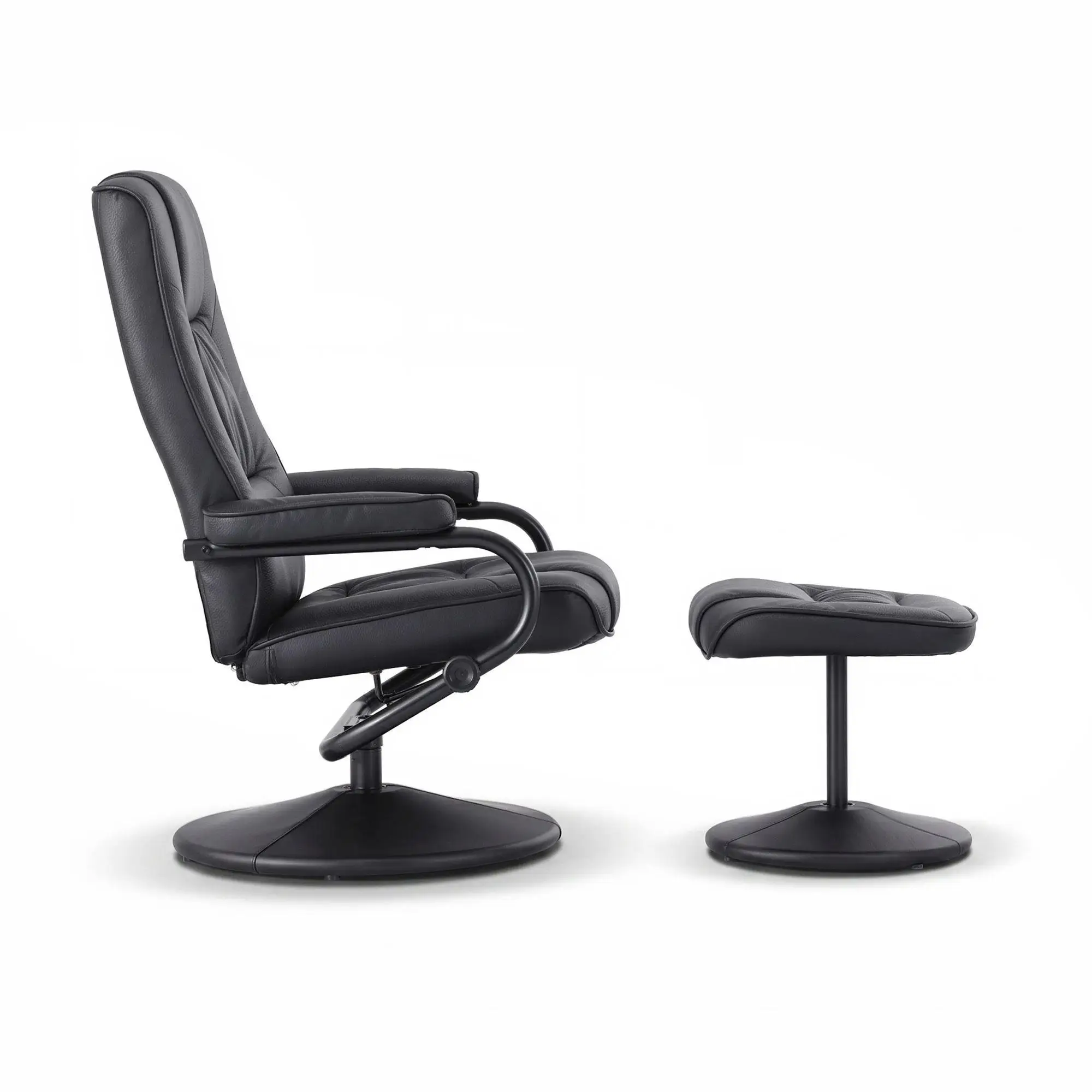Swivel Recliner Chair and Ottoman Set PU Leather Black Relaxing Lounge Armchair with Footrest for Living Room Office Bedroom
