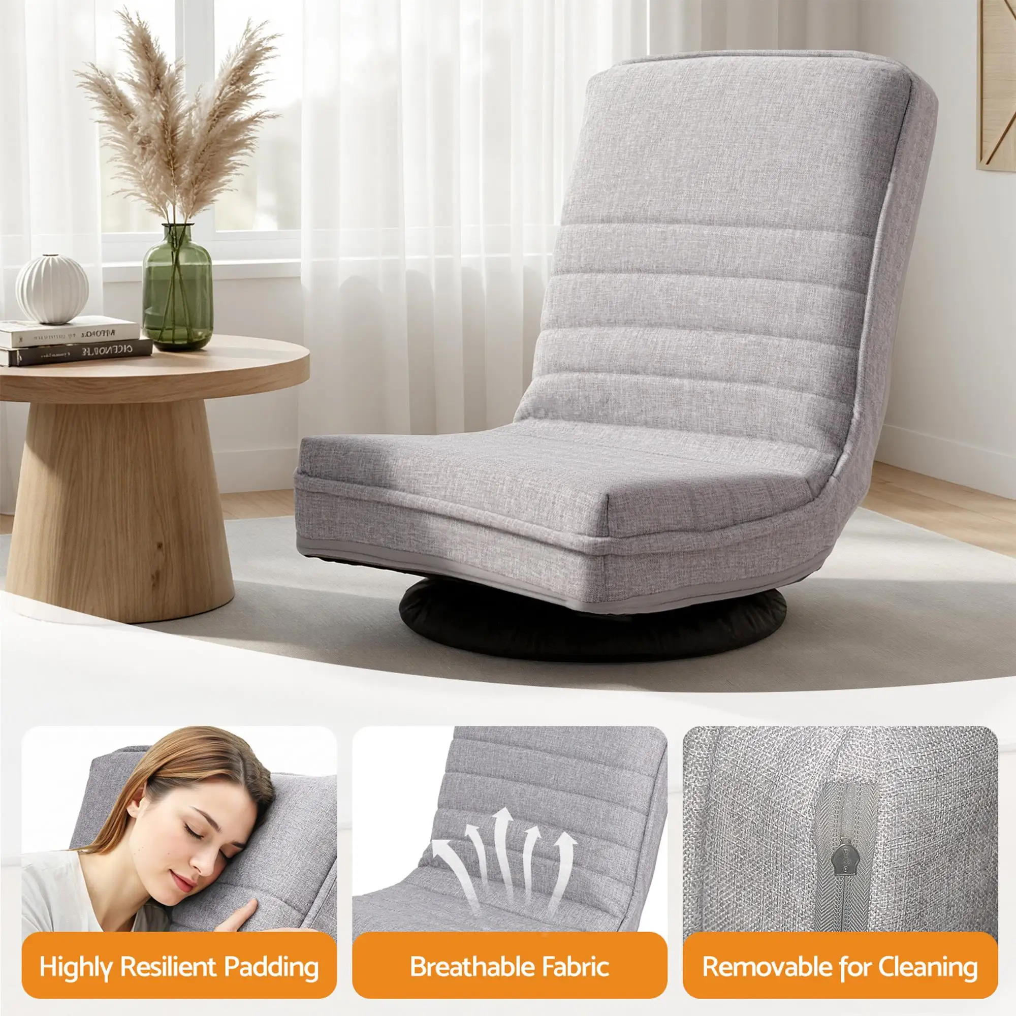 2 Pack Swivel Floor Chair 360 Adjustable Foldable Lounge Seat Grey Upholstered Floor Sofa Chair