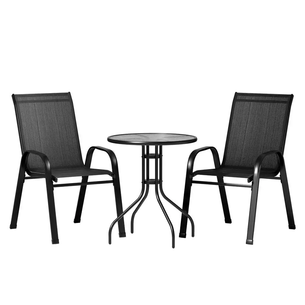 3PC Outdoor Bistro Set Table and Chairs Stackable Patio Furniture Black Balcony Garden Yard Furniture Set