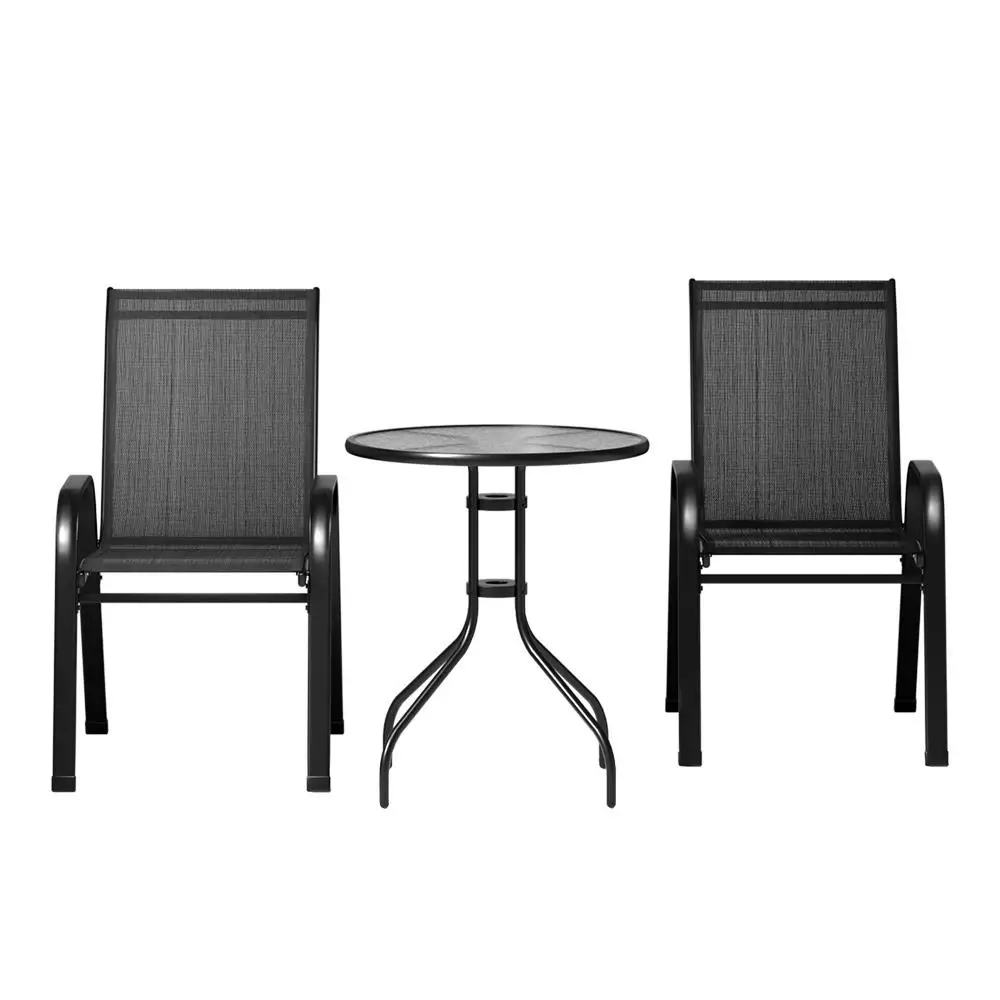 3PC Outdoor Bistro Set Table and Chairs Stackable Patio Furniture Black Balcony Garden Yard Furniture Set