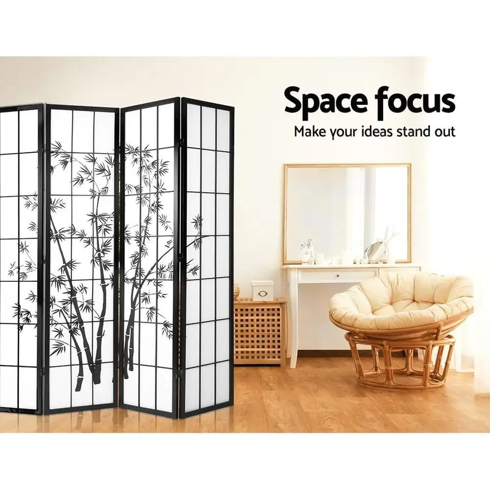 4 Panel Bamboo Room Divider Folding Privacy Screen Black White 174x179cm Home Office Decor