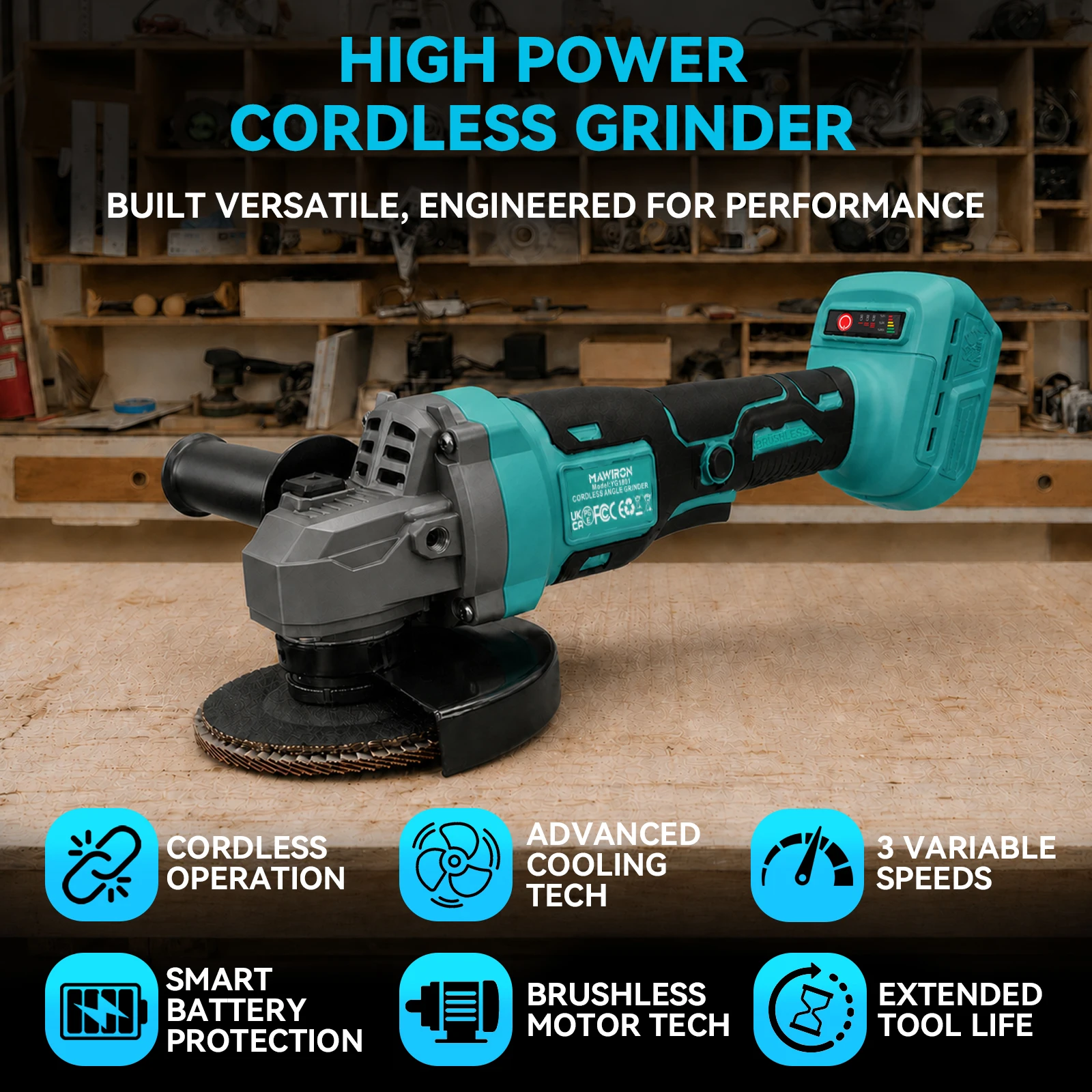 Cordless Angle Grinder Compatible with Makita 18V Battery,Brushless Electric Grinder 125mm Grinding Tool with 2 Batteries, Variable Speed Power Grinder Kit for Metal Cutting Polishing Grinding & DIY Workshopval