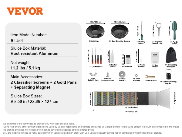 VEVOR 50" 12" Complete Sluice Box Gold Panning Kit Aluminum Alloy Gold Mining Equipment 23/16 PCS Gold Prospecting Kit