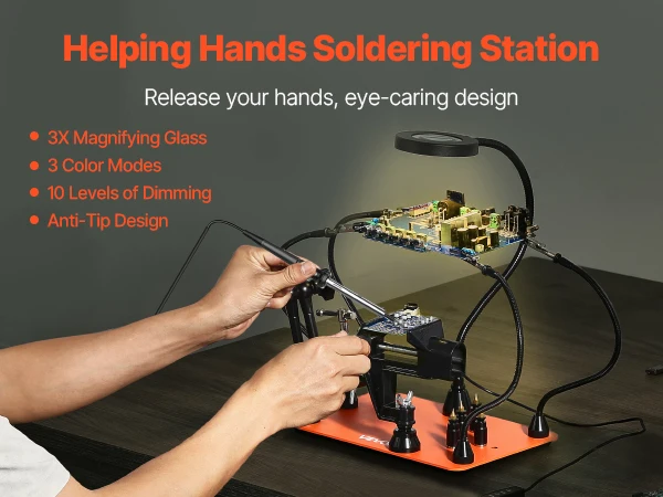SucceBuy Magnetic Helping Hands Soldering Station 4 Arms Third Hand Tool with Vise 3X LED Magnifying Lamp 4PCB Holder&360 Holder