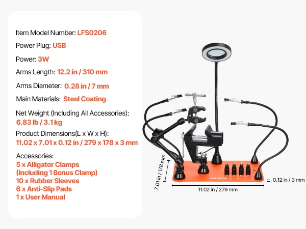 SucceBuy Magnetic Helping Hands Soldering Station 4 Arms Third Hand Tool with Vise 3X LED Magnifying Lamp 4PCB Holder&360 Holder