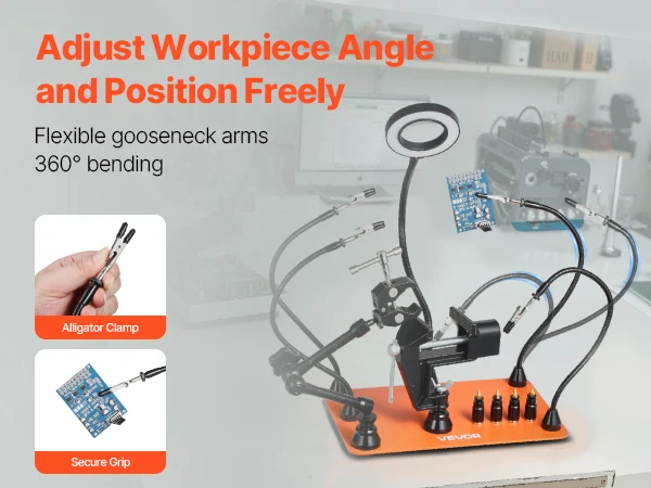 SucceBuy Magnetic Helping Hands Soldering Station 4 Arms Third Hand Tool with Vise 3X LED Magnifying Lamp 4PCB Holder&360 Holder