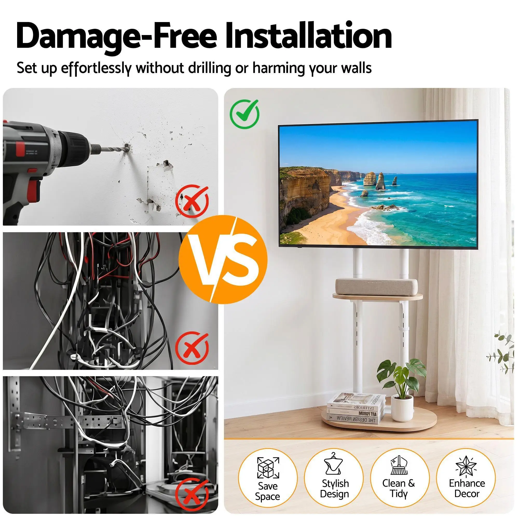 Mobile TV Floor Stand for 40 to 75 Inch Universal Adjustable Shelves with Wheels Mobility Stand