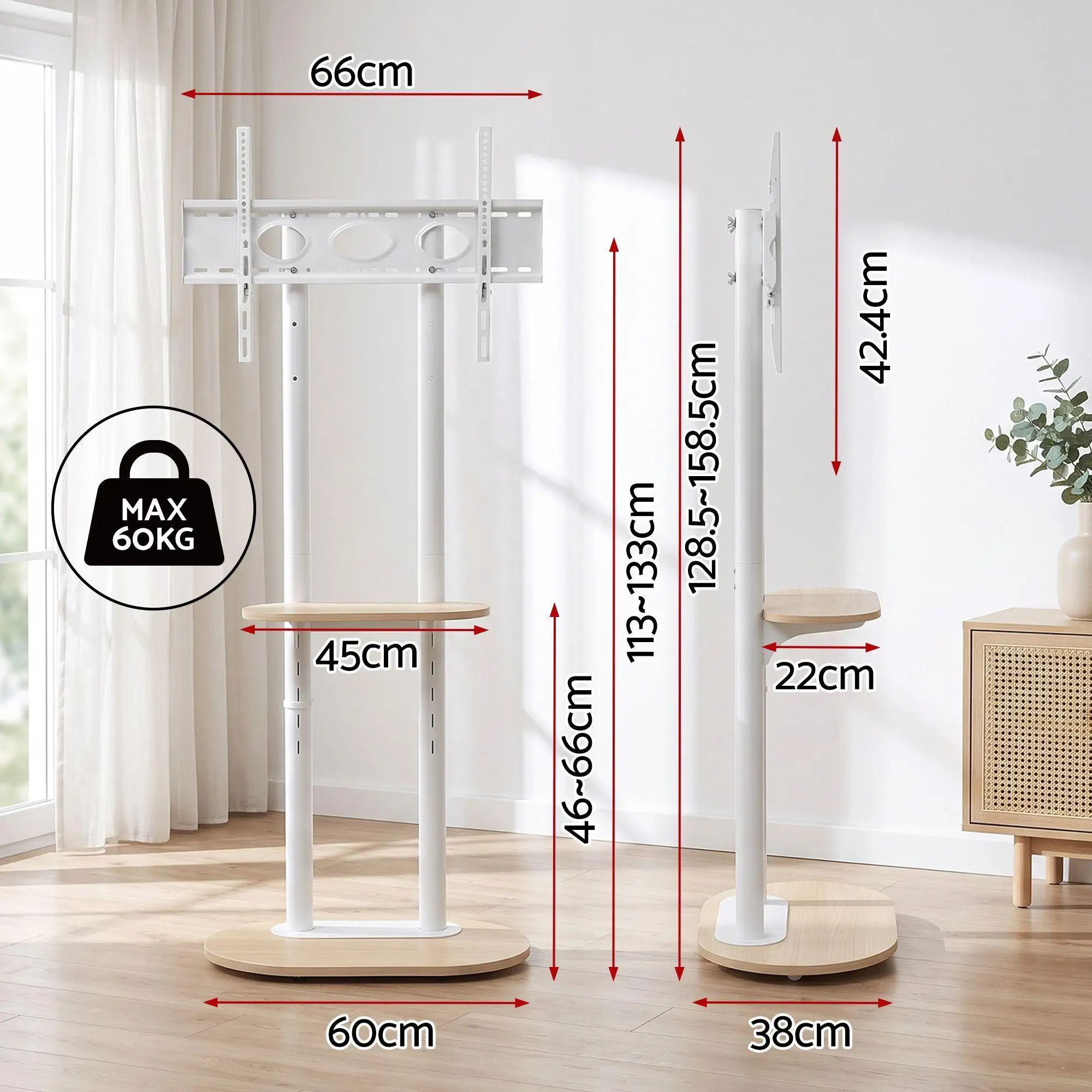Mobile TV Floor Stand for 40 to 75 Inch Universal Adjustable Shelves with Wheels Mobility Stand