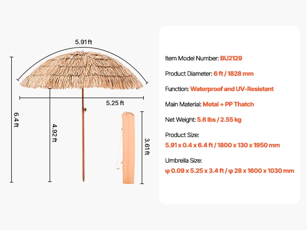 SucceBuy Tiki Umbrella 6 ft Umbrella w/ Tilt Parasol w/ Thatch & 8 Metal Grass Pool Umbrellas to Poolside Backyard & Garden