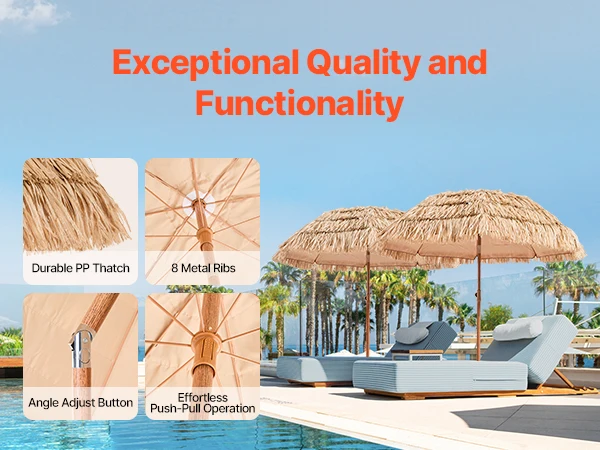 SucceBuy Tiki Umbrella 6 ft Umbrella w/ Tilt Parasol w/ Thatch & 8 Metal Grass Pool Umbrellas to Poolside Backyard & Garden