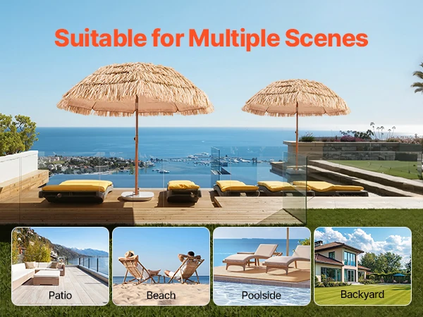 SucceBuy Tiki Umbrella 6 ft Umbrella w/ Tilt Parasol w/ Thatch & 8 Metal Grass Pool Umbrellas to Poolside Backyard & Garden