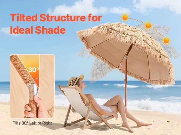 SucceBuy Tiki Umbrella 6 ft Umbrella w/ Tilt Parasol w/ Thatch & 8 Metal Grass Pool Umbrellas to Poolside Backyard & Garden