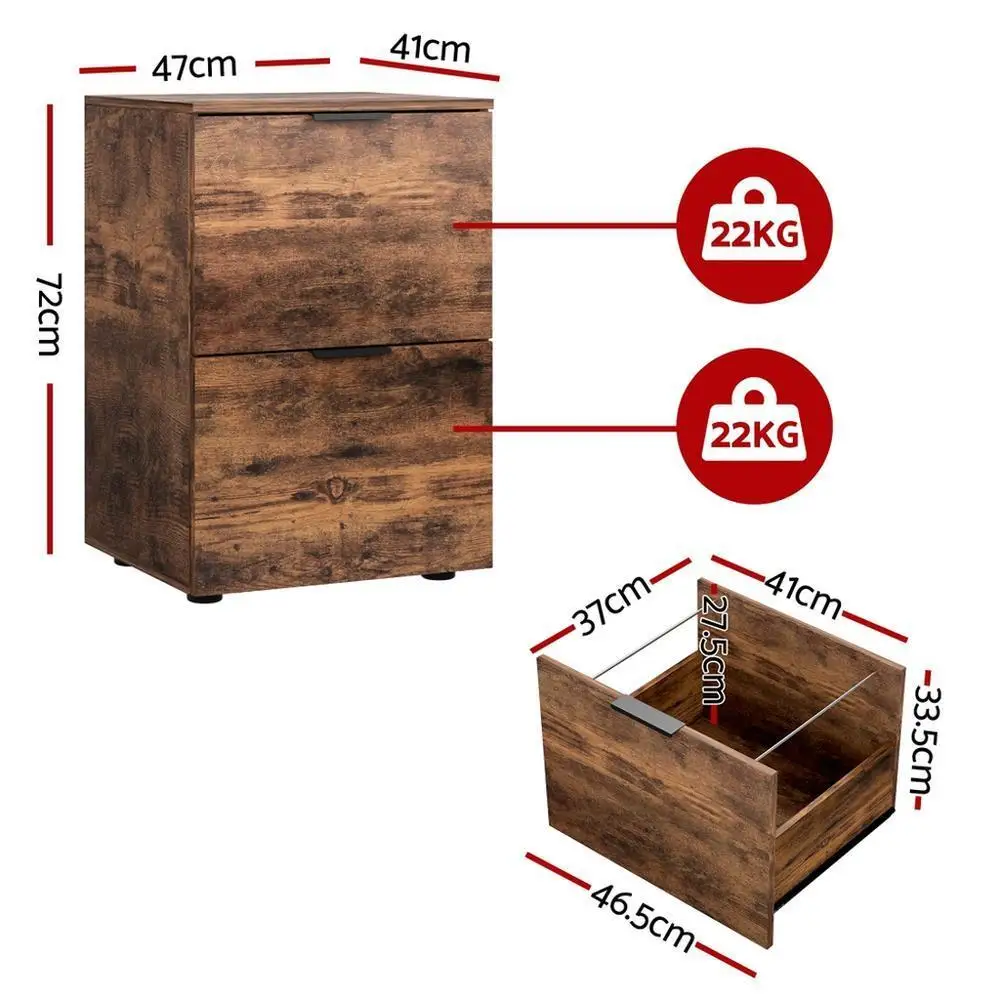 Rustic Brown 2 Drawer Filing Cabinet Office Storage Organizer Shelves File Holder Home and Workstation Furniture