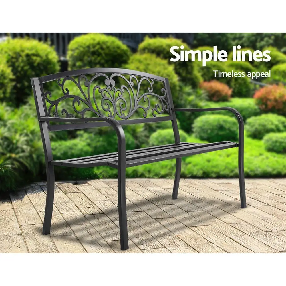 Outdoor Steel Garden Bench 3 Seater Black Park Patio Furniture Seat