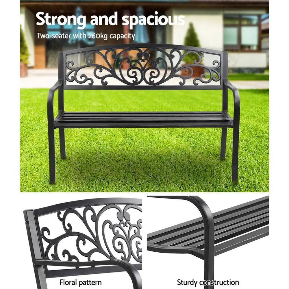 Outdoor Steel Garden Bench 3 Seater Black Park Patio Furniture Seat