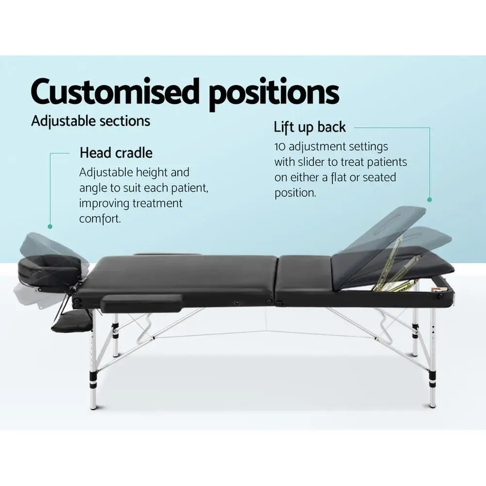 Portable 3 Fold Aluminium Massage Table 70cm Black Beauty Bed