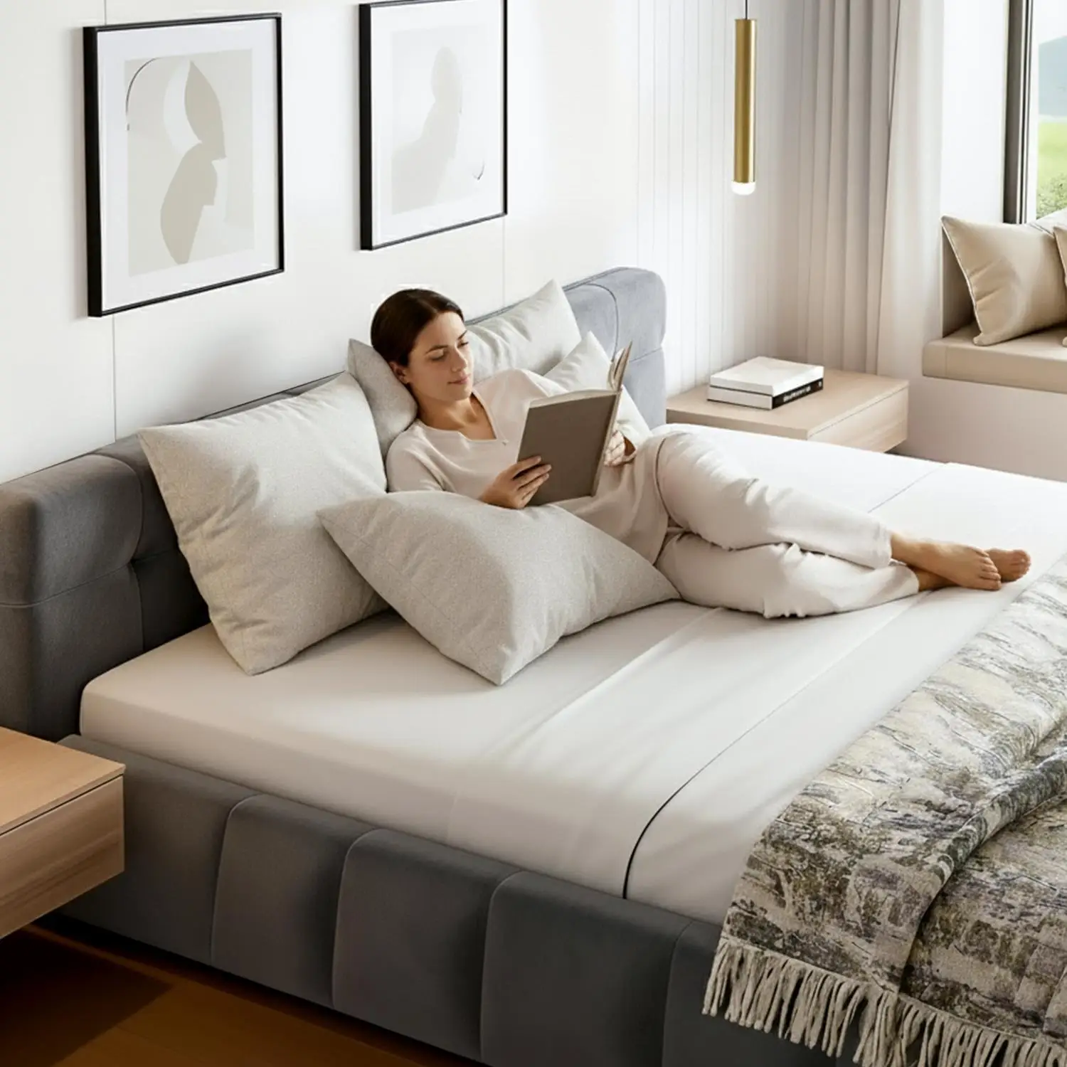 Double Size Velvet Platform Bed Frame with Plush Soft Headboard Grey for modern Bedroom Upholstered Base