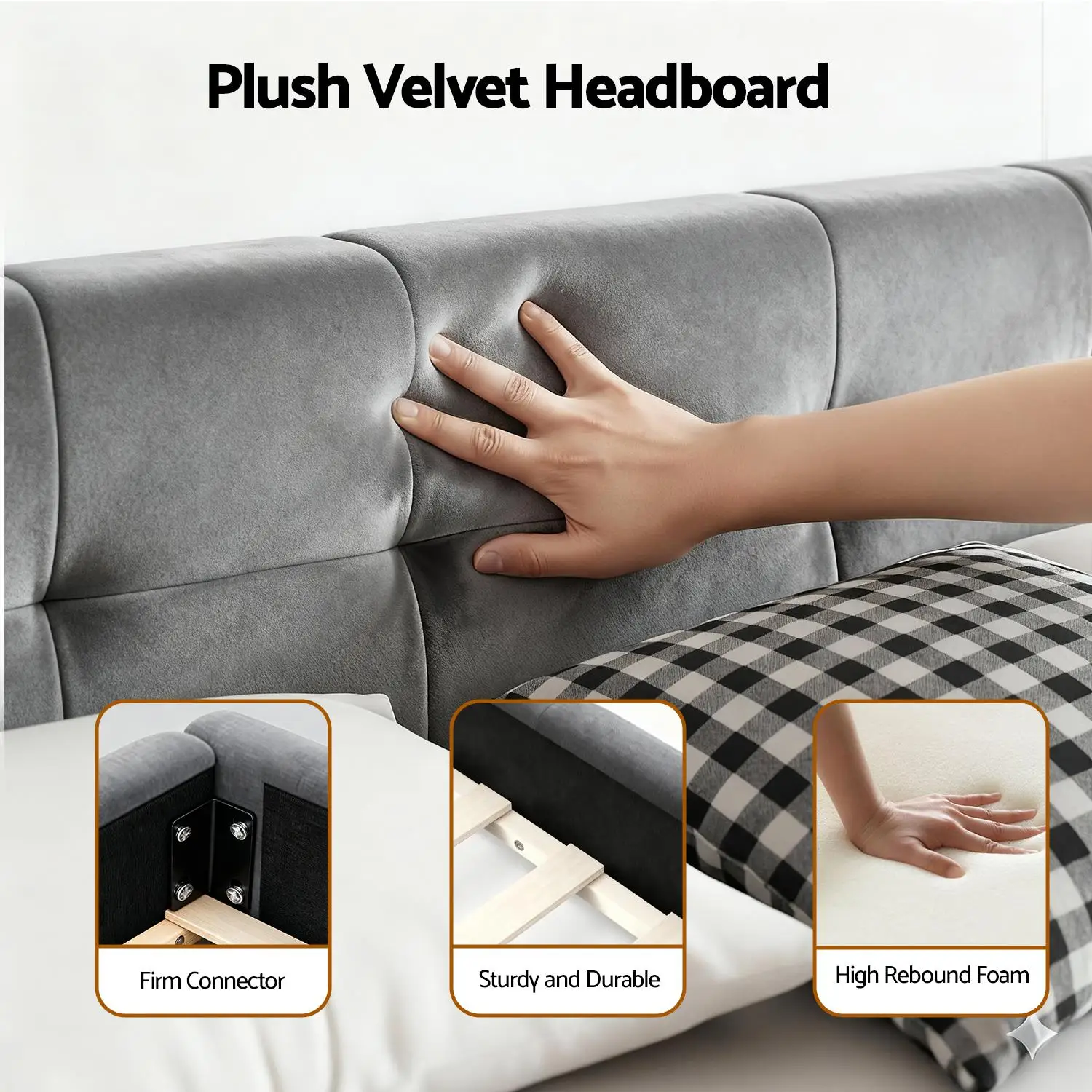 Double Size Velvet Platform Bed Frame with Plush Soft Headboard Grey for modern Bedroom Upholstered Base