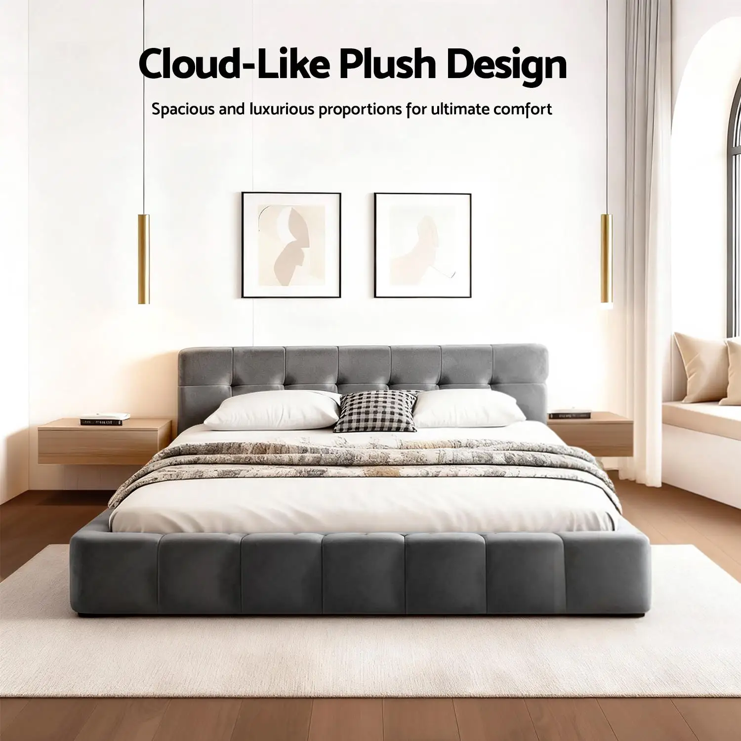 Double Size Velvet Platform Bed Frame with Plush Soft Headboard Grey for modern Bedroom Upholstered Base