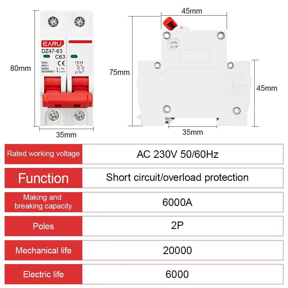 EARU DZ47 DZ47-63 2P 3-63A AC 230V C Curve MCB Miniature Circuit Breaker Overload Short Circuit Protection Switch Din Rail Mount