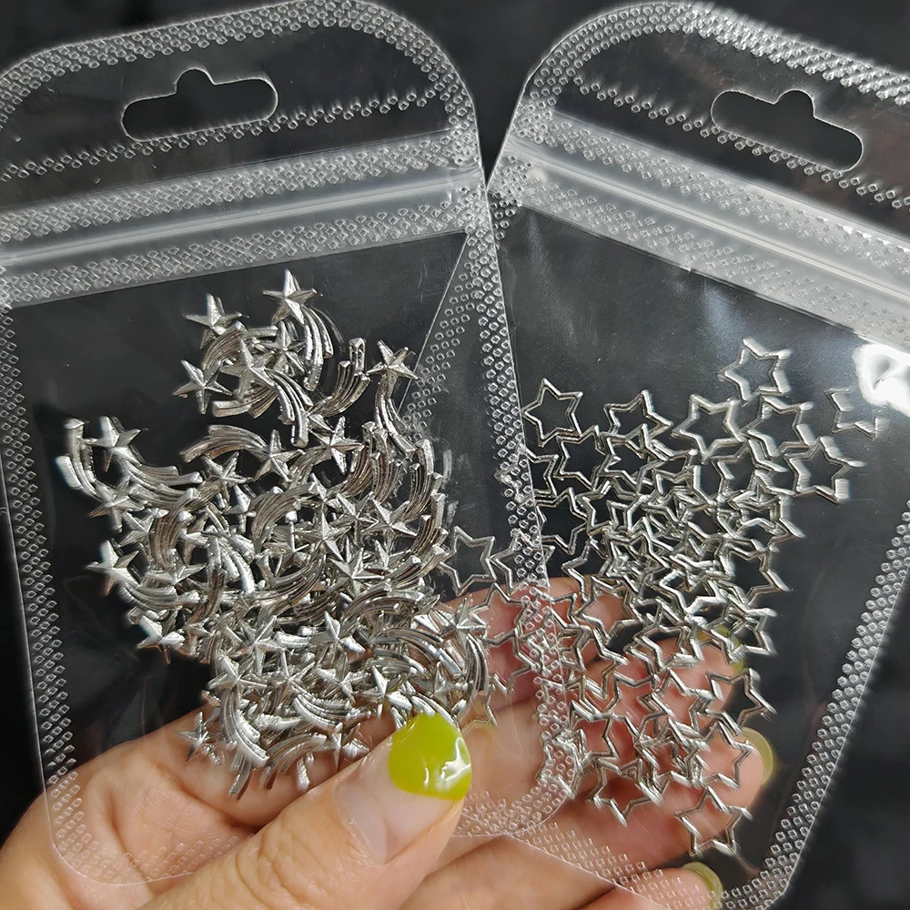 20pcs Silver Stars Nail Charms for Nail Art 3D Jewel Metal Meteor Nail Gems Hollow Out 3D Nail Decorations Alloy Manicure Parts