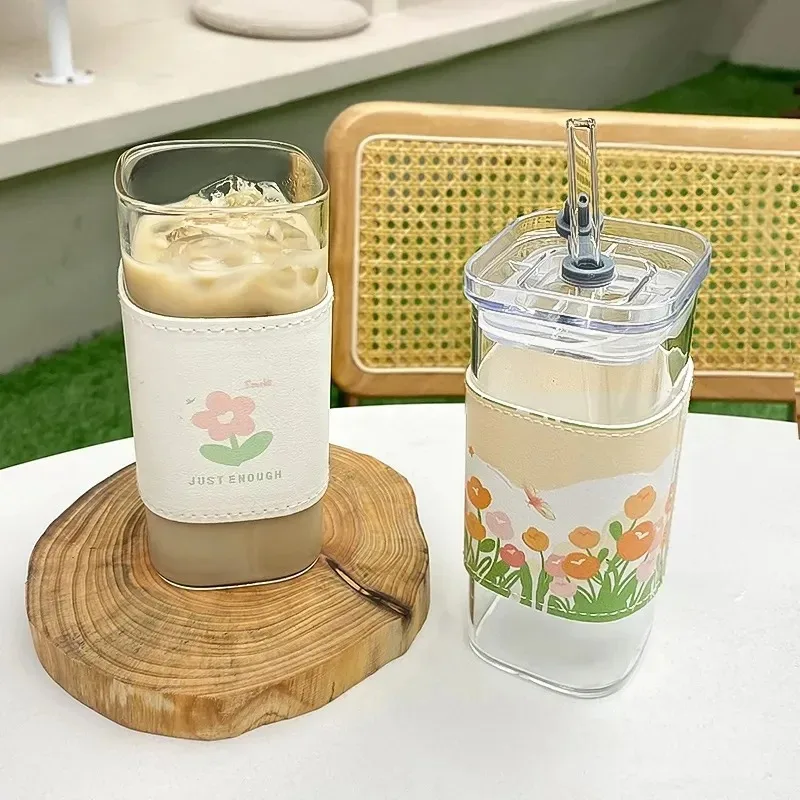 2PCS Square Heat Resistant Coffee Glass Cup With Lid and Straw Transparent Milk Tea Juice Cups Coffee Mug For Home Bar Drinkware