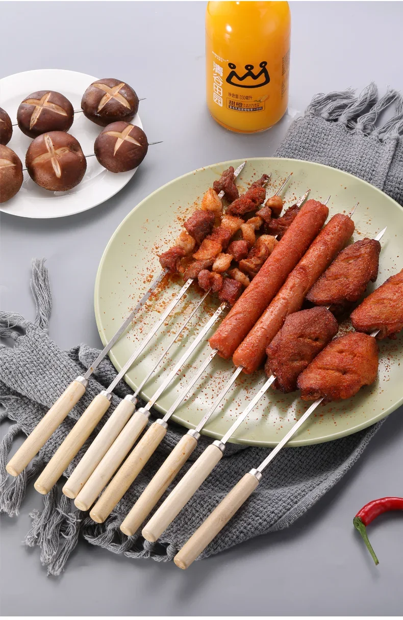 5/10pcs Wooden Handle Anti-Scalding Barbecue Skewers Can Be Reused 304 Stainless Steel Metal Barbecue Skewers Wide Skewers