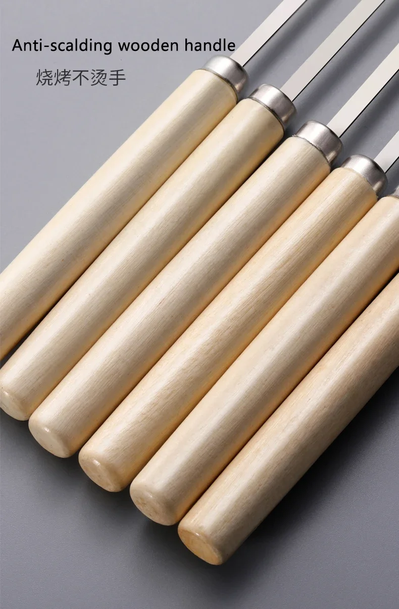 5/10pcs Wooden Handle Anti-Scalding Barbecue Skewers Can Be Reused 304 Stainless Steel Metal Barbecue Skewers Wide Skewers
