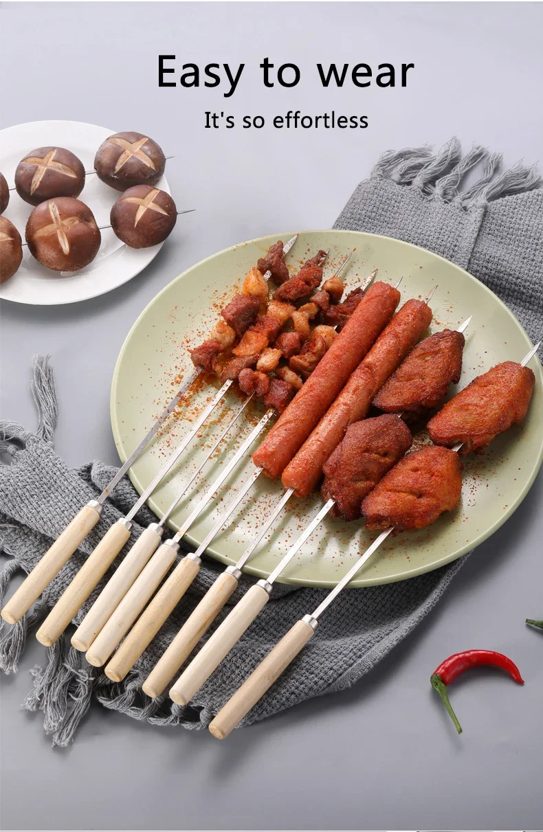 5/10pcs Wooden Handle Anti-Scalding Barbecue Skewers Can Be Reused 304 Stainless Steel Metal Barbecue Skewers Wide Skewers