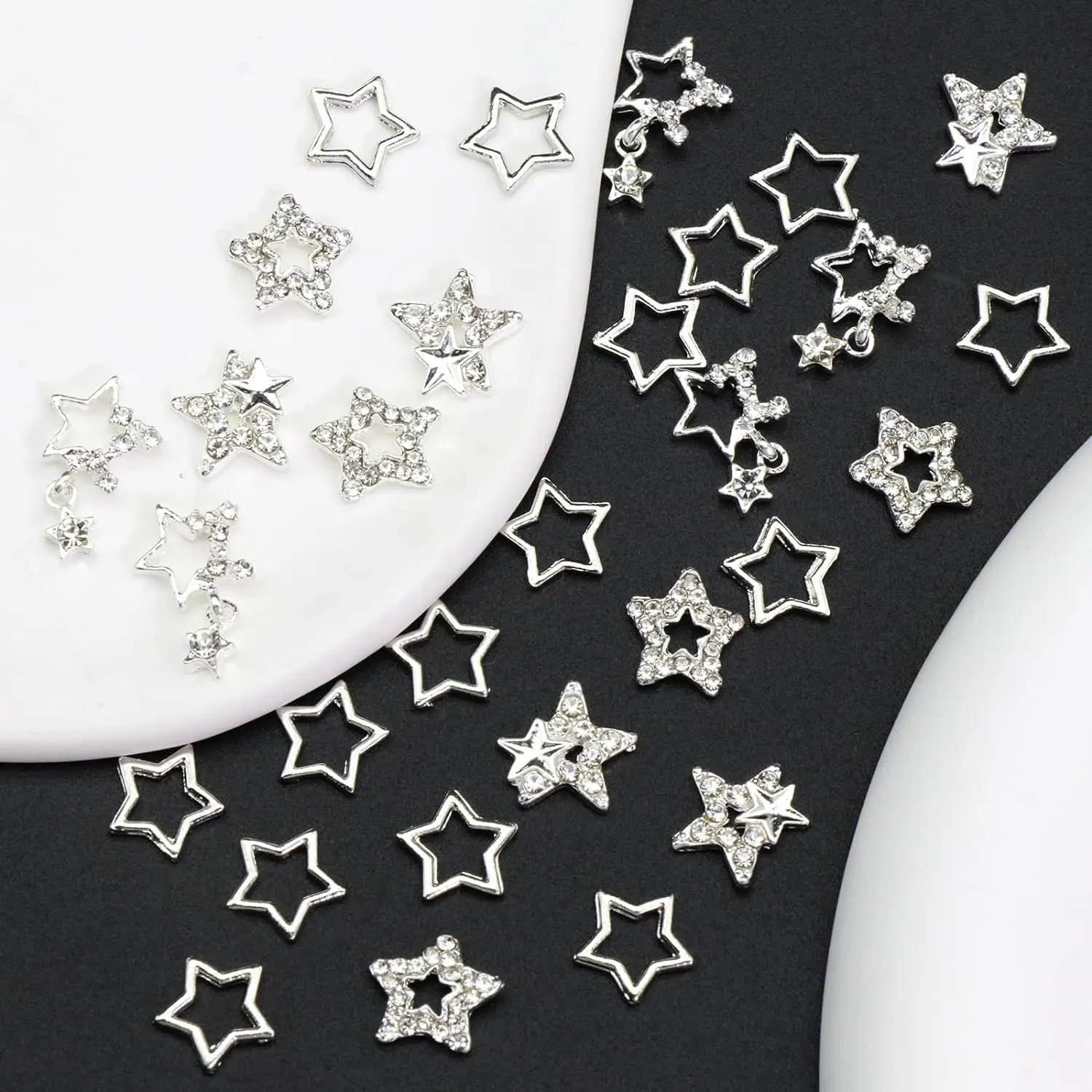 25PCS Star Nail Charms 3D Alloy Nail Art Charms 4 Styles Silver Stars Nail Rhinestones Crystal Pentagram Nail Gems for DIY Craft