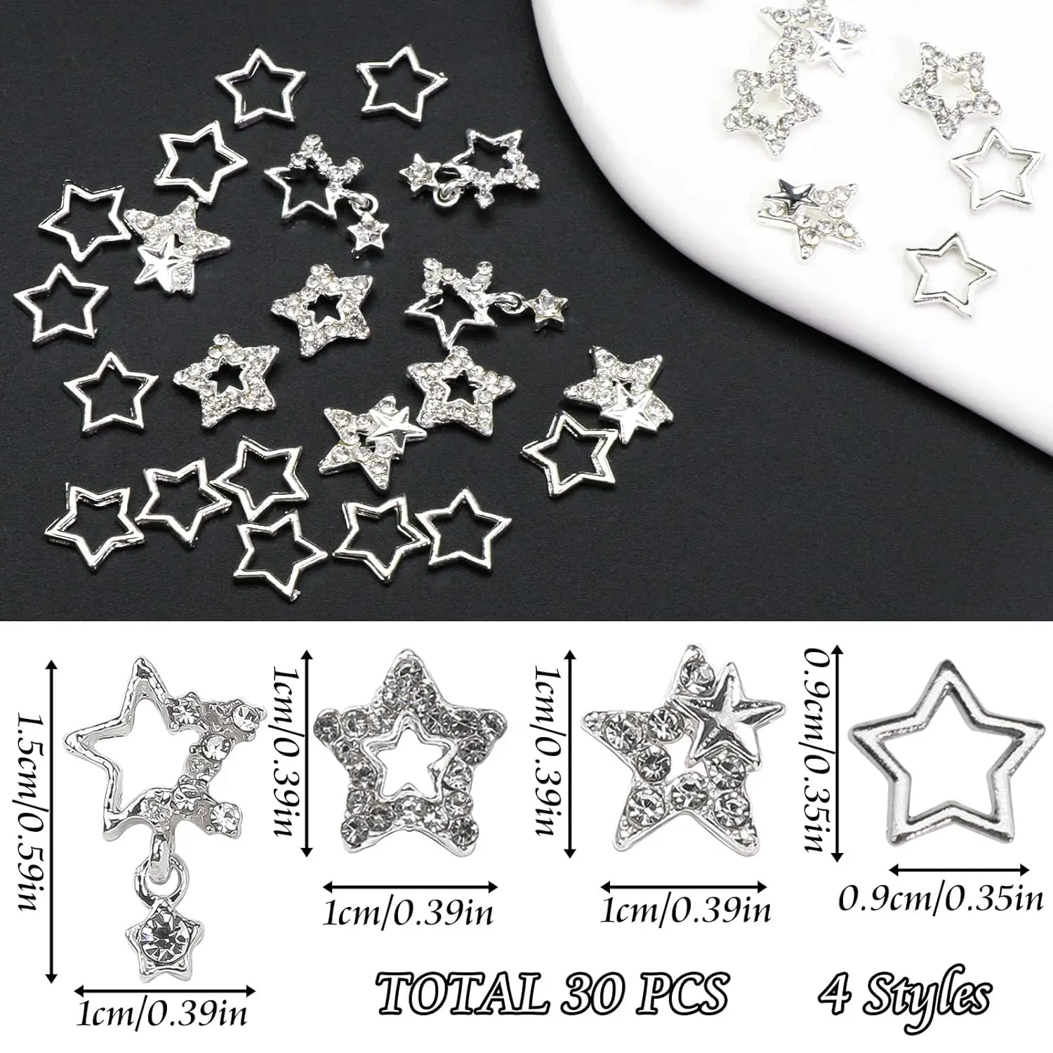 25PCS Star Nail Charms 3D Alloy Nail Art Charms 4 Styles Silver Stars Nail Rhinestones Crystal Pentagram Nail Gems for DIY Craft