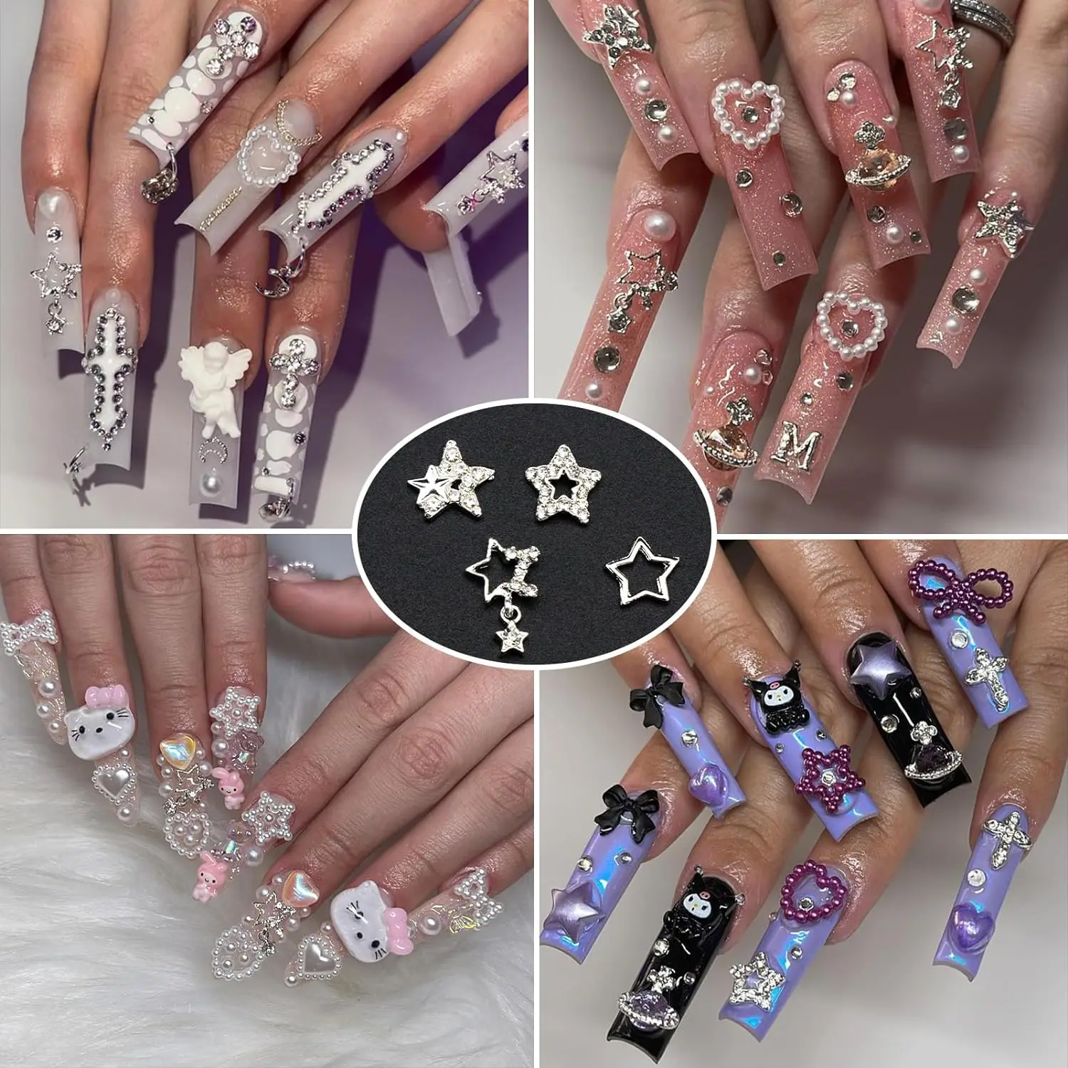 25PCS Star Nail Charms 3D Alloy Nail Art Charms 4 Styles Silver Stars Nail Rhinestones Crystal Pentagram Nail Gems for DIY Craft