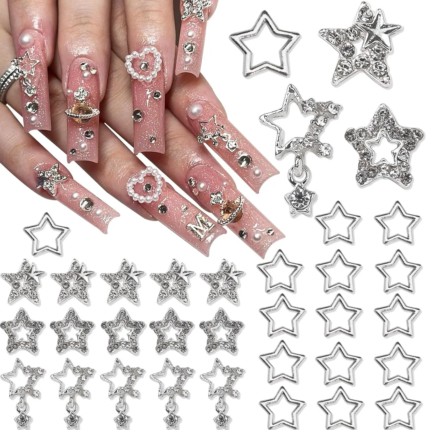 25PCS Star Nail Charms 3D Alloy Nail Art Charms 4 Styles Silver Stars Nail Rhinestones Crystal Pentagram Nail Gems for DIY Craft