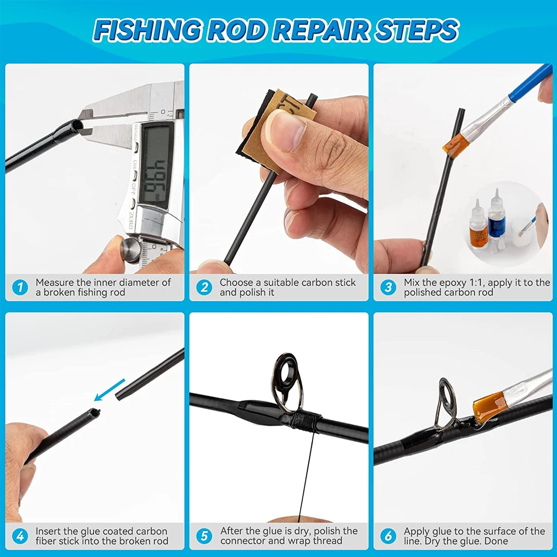 FishTrip Fishing Carbon Fiber Sticks Kit for Rod Repair High Strength 1mm~10mm*10cm for Repair Broken Fishing Rod