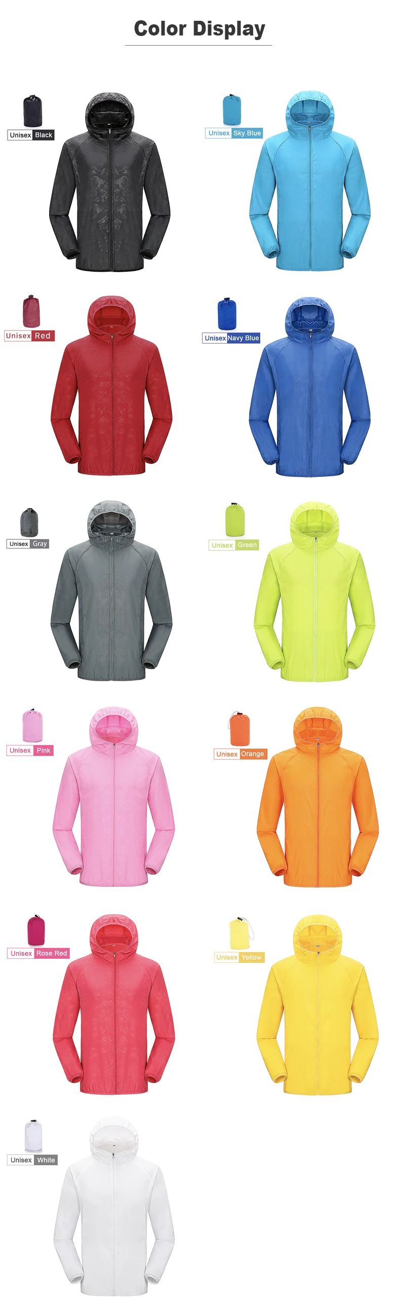 JNLN Men Women Waterproof Hiking Jackets Quick Dry Camping Windbreaker Unisex Outdoor Trekking Raincoat Anti UV Packable Clothes