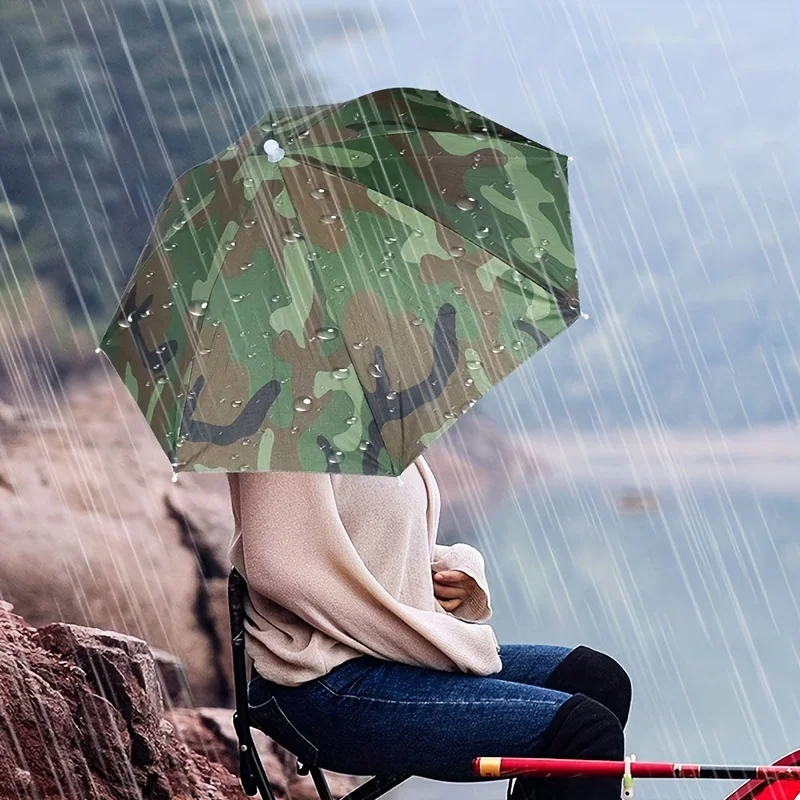 Foldable Headwear Umbrella Portable Waterproof Fishing Hat 55CM Hands-Free Rain Hat For Hiking Camping Camouflage Umbrella Adult