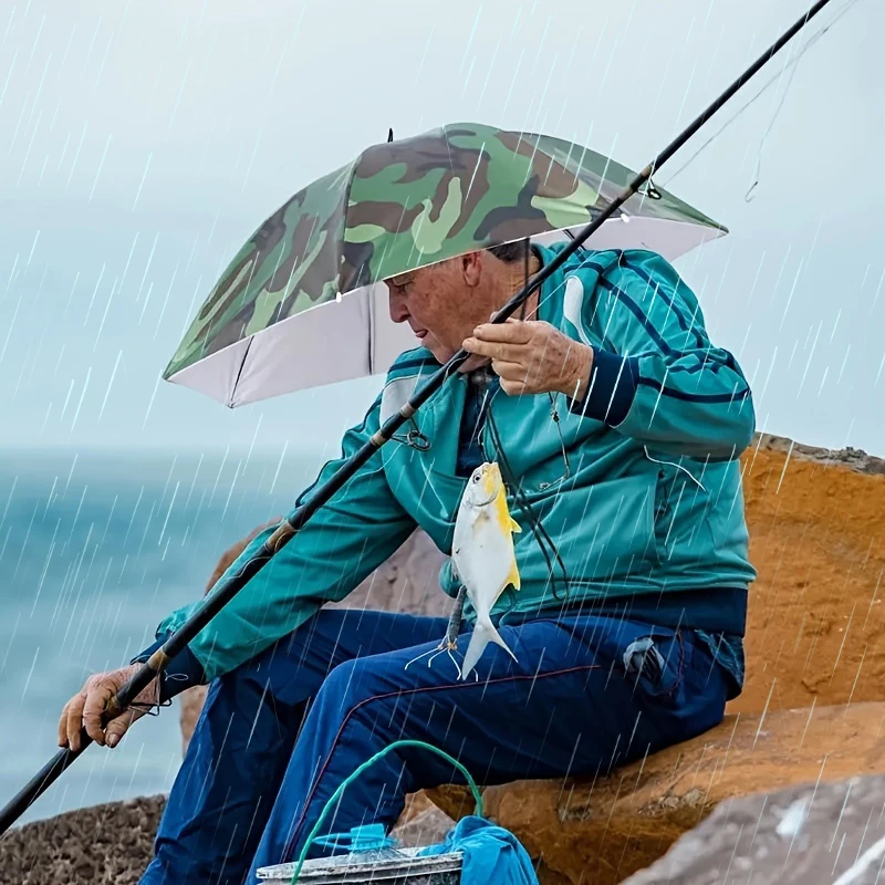 Foldable Headwear Umbrella Portable Waterproof Fishing Hat 55CM Hands-Free Rain Hat For Hiking Camping Camouflage Umbrella Adult