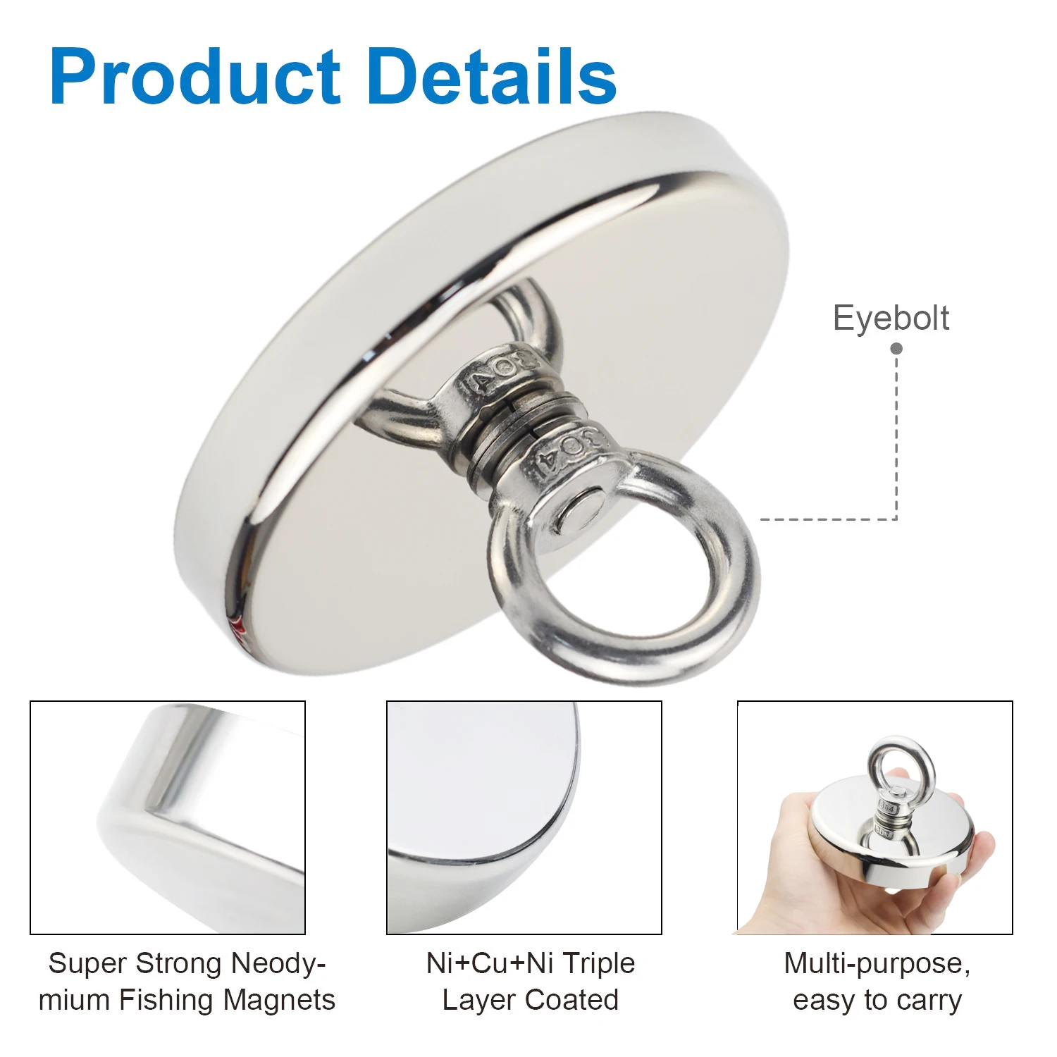 Super Strong Neodymium Fishing magnet Hooks N52 Heavy Duty magnet with Countersunk Hole Eyebolt 16-42mm Salvage Searcher Magnets