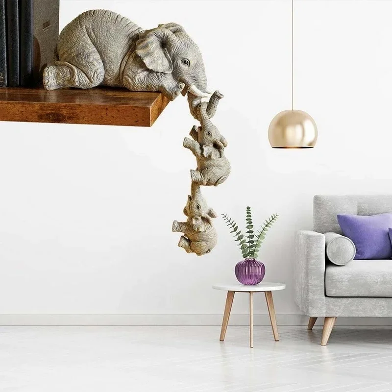 3pcs/set Cute Elephant Figurines Elephant Holding Baby Elephant Hanging Off The Edge of A Shelf or Table Resin Crafts