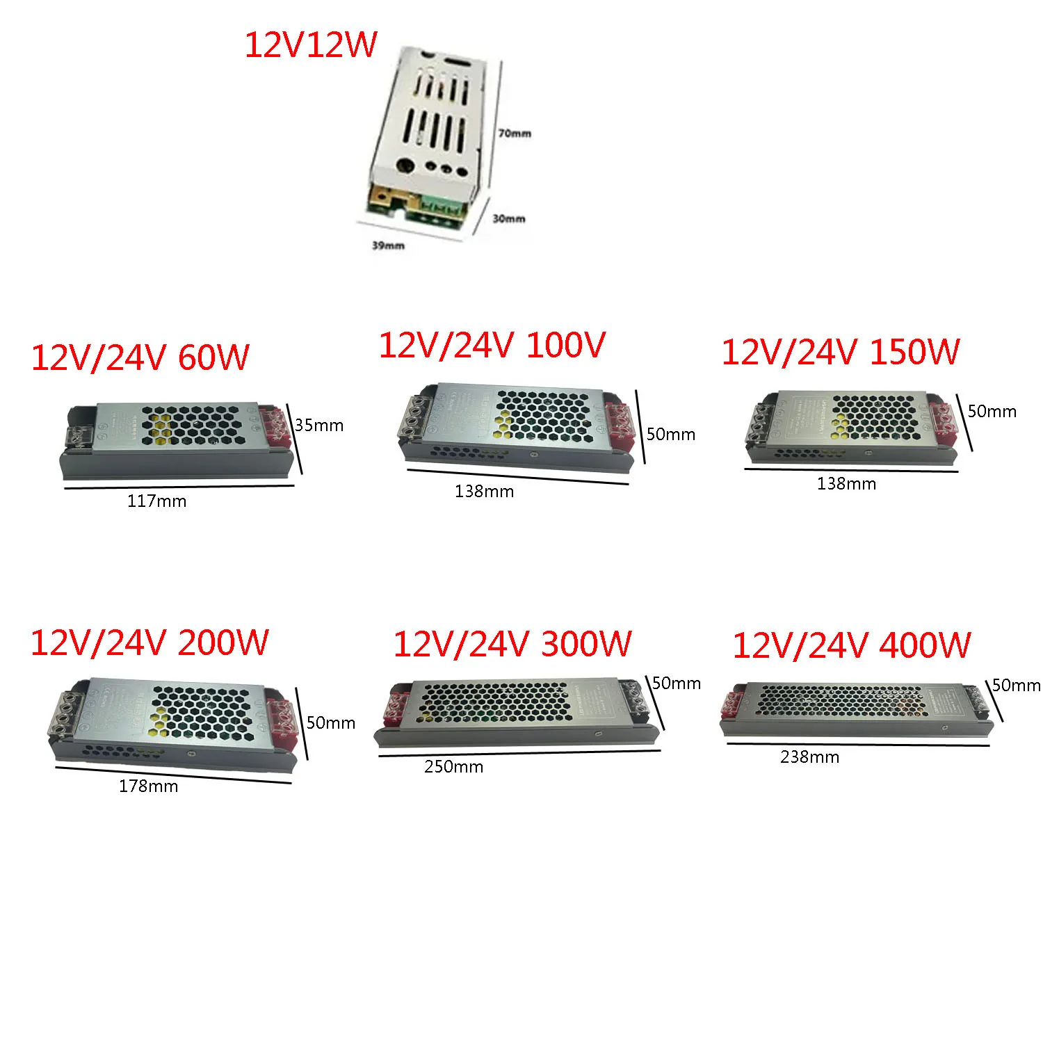 DC 12V 24V Switching Power Supply AC110-250V Mute Lighting Transformers 60W 100W 200W 300W 400W LED Light Driver Power Adapter