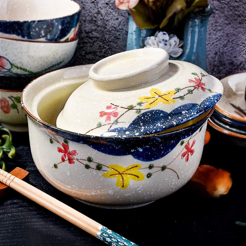 YWDL 6.5inch Japanese Style Ramen Bowl With Lid Ceramic Instant Noodle Bowl For Soup Rice Noodle And Porridge Kitchen Tableware