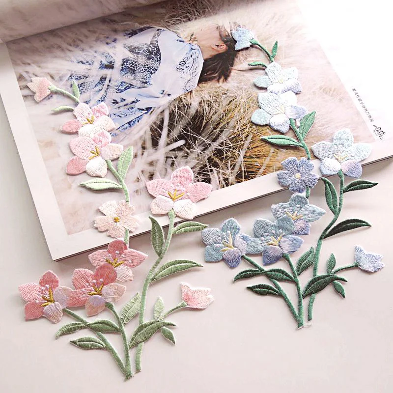 1Piece Pink Blue Flower Embroidery Patches Fabric Coat Dress Bags Clothing Sewing Patch Applique Accessories Handmade Crafts