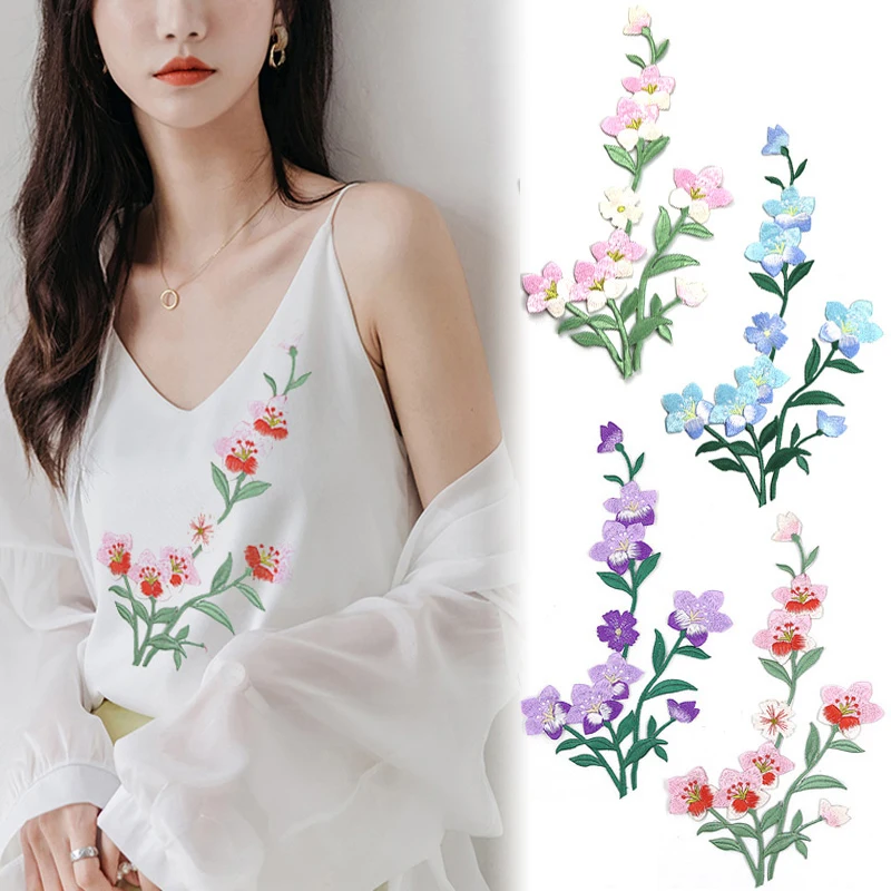 1Piece Pink Blue Flower Embroidery Patches Fabric Coat Dress Bags Clothing Sewing Patch Applique Accessories Handmade Crafts
