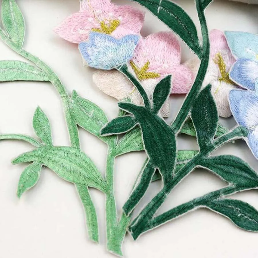 1Piece Pink Blue Flower Embroidery Patches Fabric Coat Dress Bags Clothing Sewing Patch Applique Accessories Handmade Crafts