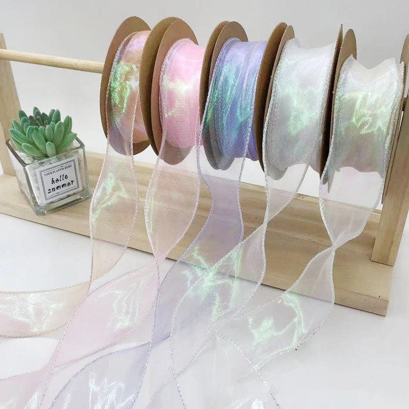 40mm 10Yards Fishtail Organza Ribbon Reflective Iridescent Wavy Edge Ribbon for Gift Wrapping DIY Bow Bouquet Voile Ribbons