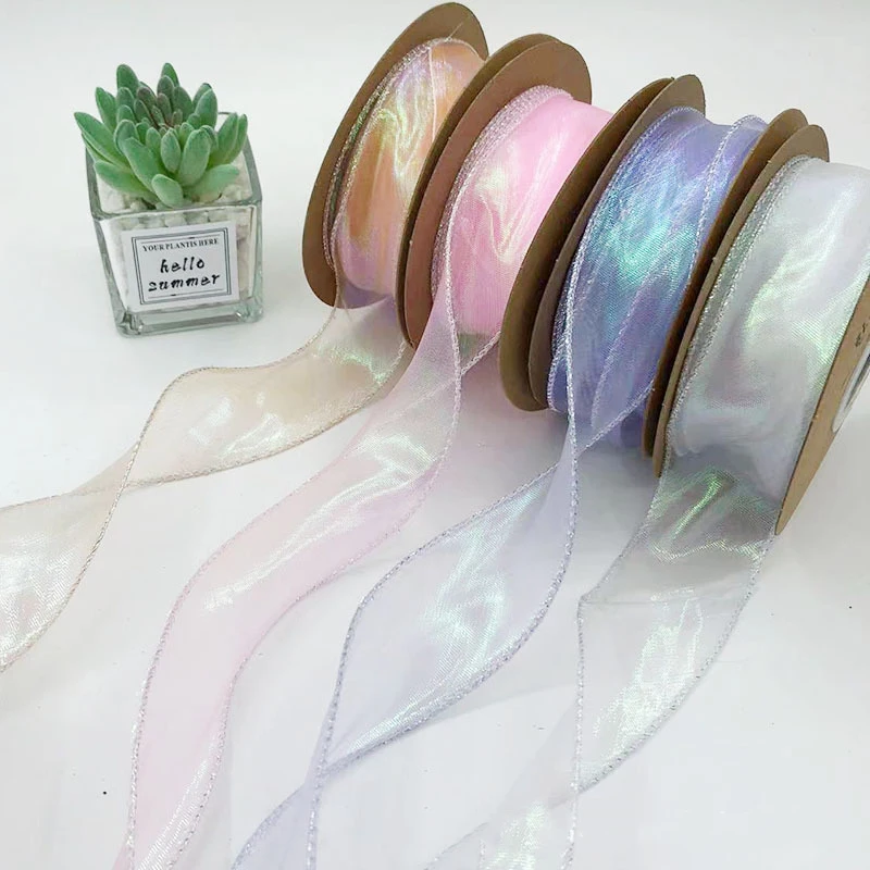 40mm 10Yards Fishtail Organza Ribbon Reflective Iridescent Wavy Edge Ribbon for Gift Wrapping DIY Bow Bouquet Voile Ribbons