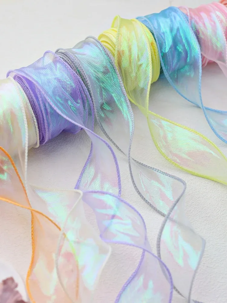 40mm 10Yards Fishtail Organza Ribbon Reflective Iridescent Wavy Edge Ribbon for Gift Wrapping DIY Bow Bouquet Voile Ribbons